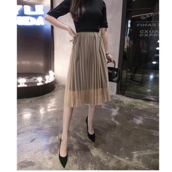 'Women ''s half skirt spring and summer Korean version of the network stitching high waist was thin big loose waist pleated skirt apricot - intl'  