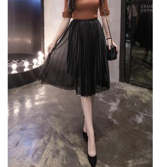 'Women ''s half skirt spring and summer Korean version of the network stitching high waist was thin big loose waist pleated skirt black - intl'  