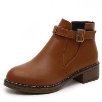 Women 's Shoes New Waterproof Boots Round Boots Martin Belt Buckle Women Boots (Brown) - intl  