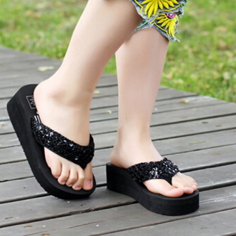 Women sandals Summer comfort Sequin beach wedge sandals fashion women shoes (BLACK) - intl  
