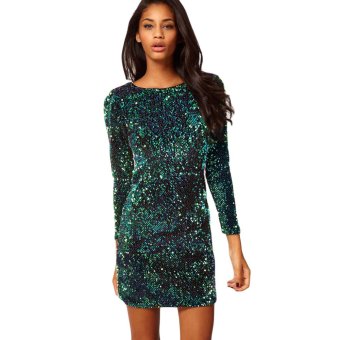 Women Sequin Bodycon Dress Round Neck 3/4 Sleeve Plunge Back Party Evening Mini Club Dress Green - intl  