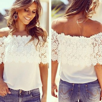 Women Sexy Chiffon Lace Stitching Off Shoulder Short-sleeved Tops Blouse White  