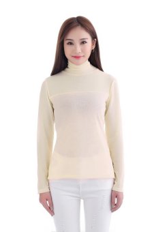 Women Sexy Long Sleeve Heaps Collar T-Shirts Pure Color Slim Shirts Inner Wear Blouse Casual Tee Tops Beige - intl  