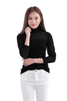 Women Sexy Long Sleeve Heaps Collar T-Shirts Pure Color Slim Shirts Inner Wear Blouse Casual Tee Tops Black - intl  