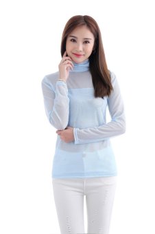 Women Sexy Long Sleeve Heaps Collar T-Shirts Pure Color Slim Shirts Inner Wear Blouse Casual Tee Tops Light blue - intl  