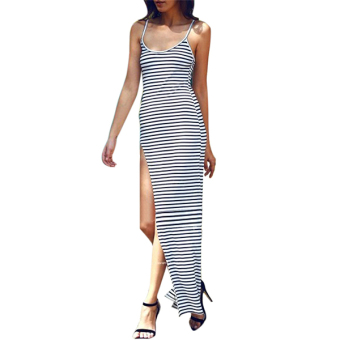 Women Sexy Round Neck Sleeveless Striped Side Split Long Maxi Dress ( Black + White ) - intl  