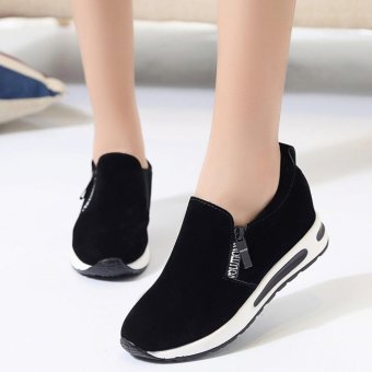 Women Shoes Fashion Zipper Letter Decor Breathable Casual Shoes Women High Heel Platform Air Shoes Faux Suede Round Tote ( Black ) - intl  