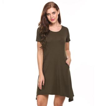 Women Short Sleeve Solid Asymmetrical Pleated Hem Elastic Dress with Pockets Green - intl  