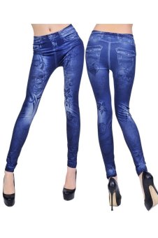 Women skull printing slim sexy tattoo legging pants(blue)  