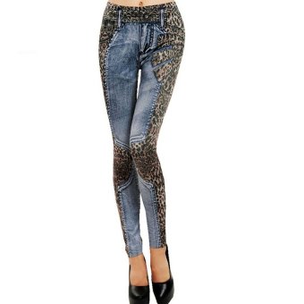 Women Slim Faux Denim Leggings Skinny Jean Pants Leopard  