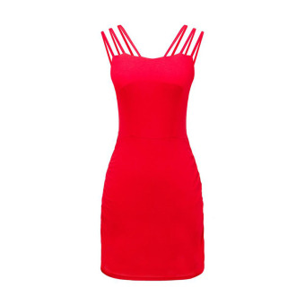 Women sling thin sexy nightclub hip mini skirt backless dress Sleeveless Tight hollow bandage dress Red - intl  