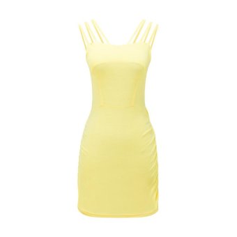 Women sling thin sexy nightclub hip mini skirt backless dress Sleeveless Tight hollow bandage dress Yellow -Int'L  