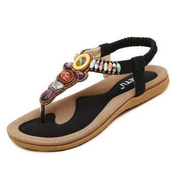 Women Summer Bohemia Sandals Slippers Beach Flip Flops Lady Flat Thong Shoes BLACK - intl  