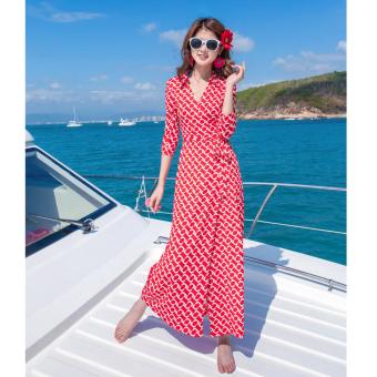 Women Summer Floral long dress Sexy split party skirt Wrapped beach dress Turn-down collar - intl  