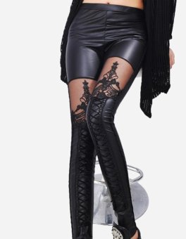 Women Synthetic Leather Stitching Embroidery Bundled Hollow Lace Leggings Pantyhose - intl  