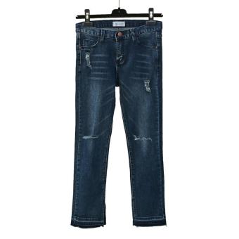 Women Thin High Waist Jeans Washed Nine Pants Trousers Fork Pants(blue) - intl  