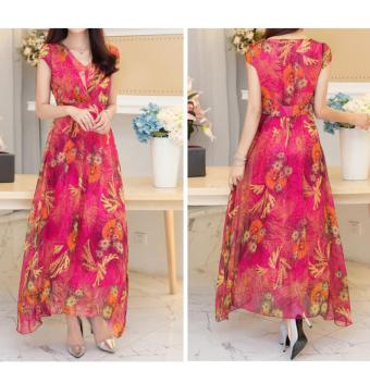 Women V-neck short sleeve full lady dress Chiffon beach Maxi dress red - intl  