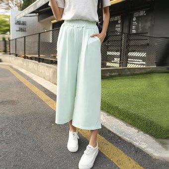 Women Wide Leg Pant Loose Harem Trousers Elastic High Waist Straight Ladies Cropped Pant(Green) - intl  