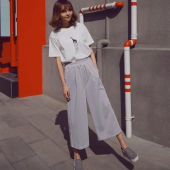 Women Wide Leg Pant Loose Harem Trousers Elastic High Waist Straight Ladies Cropped Pant(Grey) - intl  