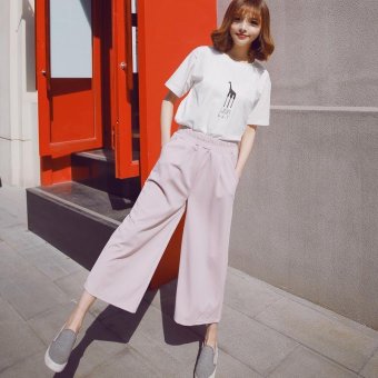 Women Wide Leg Pant Loose Harem Trousers Elastic High Waist Straight Ladies Cropped Pant(Pink) - intl  