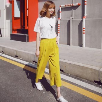 Women Wide Leg Pant Loose Harem Trousers Elastic High Waist Straight Ladies Cropped Pant(Yellow) - intl  