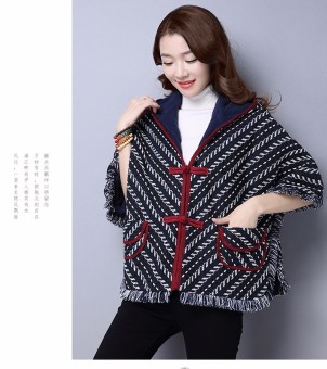 Women Woolen Velvet Poncho Cape Coat Winter Warm Shawl Jacket Blue - intl  