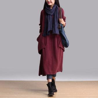 Women's Boho Cotton Linen Dress Casual Long Loose Tops Autumn Shirt Dresses Red - Intl  