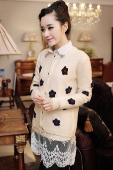 Women's Cardigan Flower Print Sweater Coat Crochet Knit Top (White) (Intl) - intl  