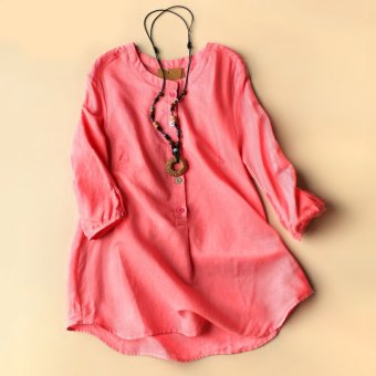 Womens Casual Cotton Linen Long Sleeve T-shirt (Pink)  