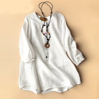 Womens Casual Cotton Linen Long Sleeve T-shirt (White)  