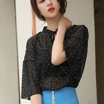 Women's Casual Polka Dots Pattern Short Sleeve Chiffon Shirt (Black) - Intl  