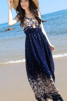 Womens Fashion Bohemian Style Floral Sleeveless Chiffon Long Maxi Skirt Dress Summer Beach Sundress (Blue)  