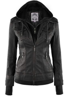 Women's Fashion hooded long sleeve leather jacket female locomotive Slim PU jacket coat- Black - intl  