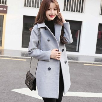 Women's Fashion Korean style Double-breasted Wool Coat Ladies Girls Slim Fit Medium-long Plus-Size Wool Coat Outwear Overwear-Grey - intl  