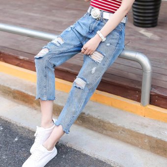 Women's Fashion Ripped Hole Jeans Casual Straight Bleached Washed Beggar Pants BF Style Denim Pants Student Nine Points Pants - intl  