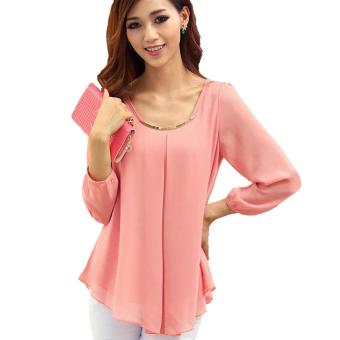 Women's Fashion Sexy Tops Long Sleeve Casual Chiffon Pleated Shirt Career Blouse 4 Colors (Pink) - intl  