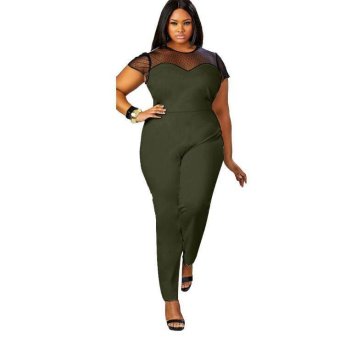 Women's fashionable cloth stitching sexy large size short-sleeved round neck piece pants(Green) - intl  