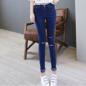 Women's High-waisted Elastic Ankle Length Pants Korean Jean With Hole Dark Blue - intl  