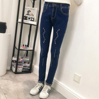 Women's High-waisted Elastic Full Length Burrs Pencil Pants Korean Jeans With Vintage - intl  