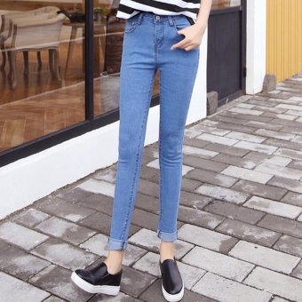 Women's High-waisted Elastic Full Length Pencil Pants Slim Jeans Light Blue - intl  