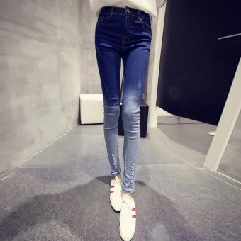 Women's High-waisted Skinny Full Length Pencil Pants Fashion Jeans With Scratched Blue - intl  