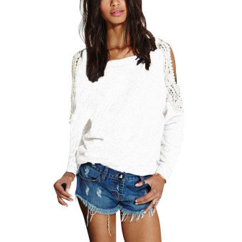 Womens Lace Crochet Splice Off Shoulder Long Sleeve Round Neck Shirt Tops Blouse White  