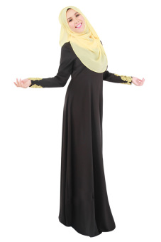Womens Lace Sleeve Kaftan Muslim Maxi Dress (Black)  