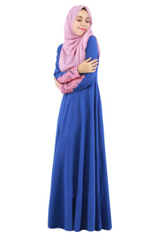 Womens Lace Sleeve Kaftan Muslim Maxi Dress (Blue)  