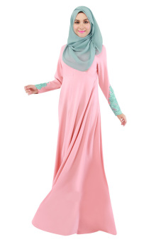 Womens Lace Sleeve Kaftan Muslim Maxi Dress (Pink)  