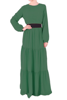 Womens Long Sleeve Chiffon Muslim Belt Long Dress (Green)  