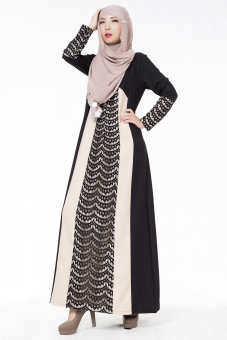 Womens Long Sleeve Lace Joint Kaftan Muslim Maxi Dress (Black)  