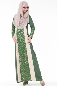 Womens Long Sleeve Lace Joint Kaftan Muslim Maxi Dress (Green)  