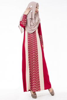 Womens Long Sleeve Lace Joint Kaftan Muslim Maxi Dress (Red)  