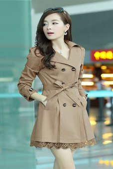 Women's Long Sleeve Slim Fit Trench Double Breasted Coat Lace Jacket Outwear Jacket-khaki-XL  